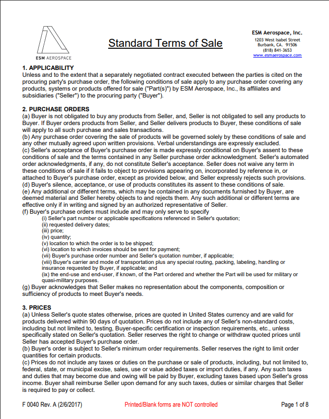 Esm Aerospace Standard Terms of Sale Document, Page 1, Detailing Applicability, Purchase Orders, and Prices.